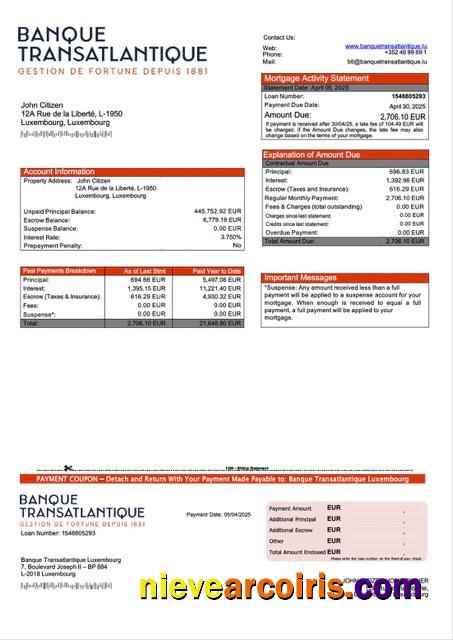 Luxembourg Banque Transatlantique Luxembourg mortgage statement Word and PDF template